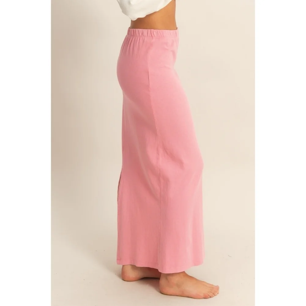 Cozy Cotton Jersey Mineral Washed Maxi Skirt with Back Slit Blush Pink